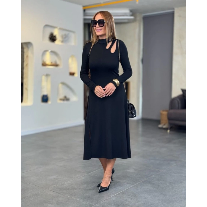 Kadın Uzun Kollu Balıkçı Yaka Omuzda Damla Detaylı Yırtmaçlı Krep Midi Elbise