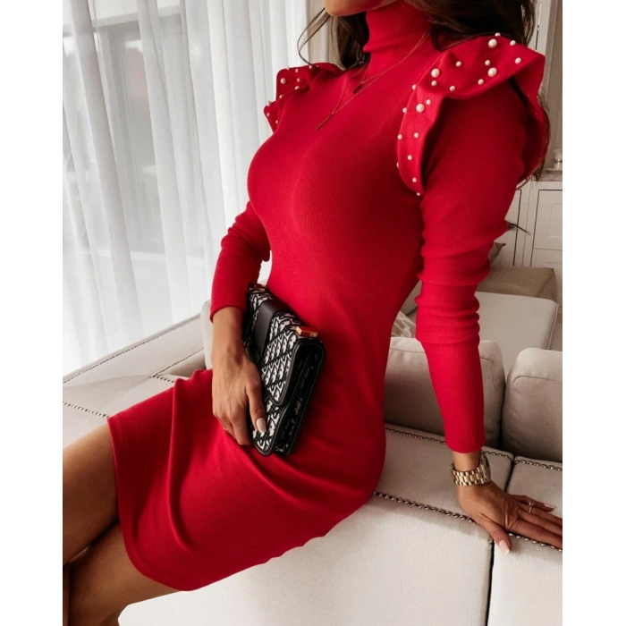 Kadın Uzun Kollu Balıkçı Yaka Omuzlarda Pile Inci Detay Kaşkorse Elbise