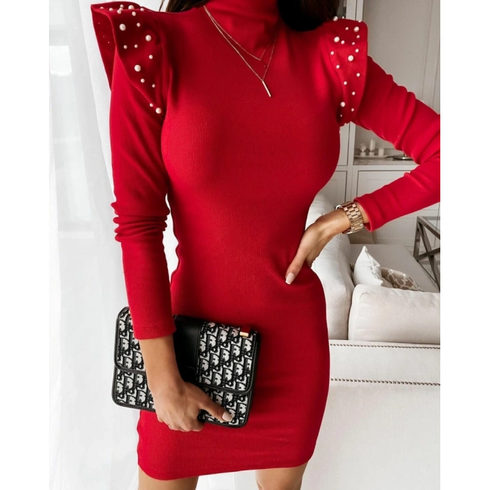 Kadın Uzun Kollu Balıkçı Yaka Omuzlarda Pile Inci Detay Kaşkorse Elbise