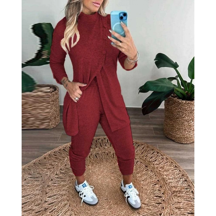 Kadın Uzun Kollu Balıkçı Yaka önden Düğmeli Bluz Ve Pantolon Yumoş Ikili Takım