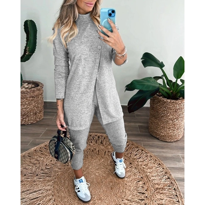 Kadın Uzun Kollu Balıkçı Yaka önden Düğmeli Bluz Ve Pantolon Yumoş Ikili Takım