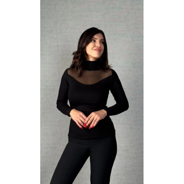 Kadın Uzun Kollu Balıkçı Yaka önü Tül Detay Kaşkorse Kumaş Bluz