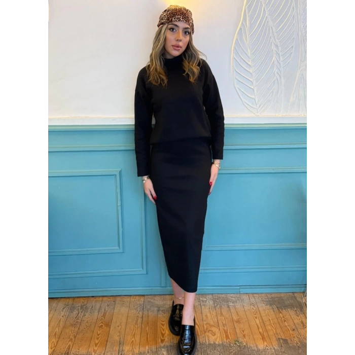 Kadın Uzun Kollu Balıkçı Yaka şardonlu Bluz Etek Takım