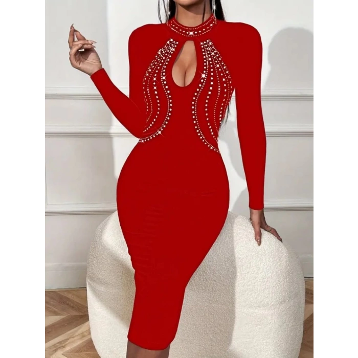 Kadın Uzun Kollu Balıkçı Yaka Taşlı Damla Detay Midi Ithal Krep Elbise