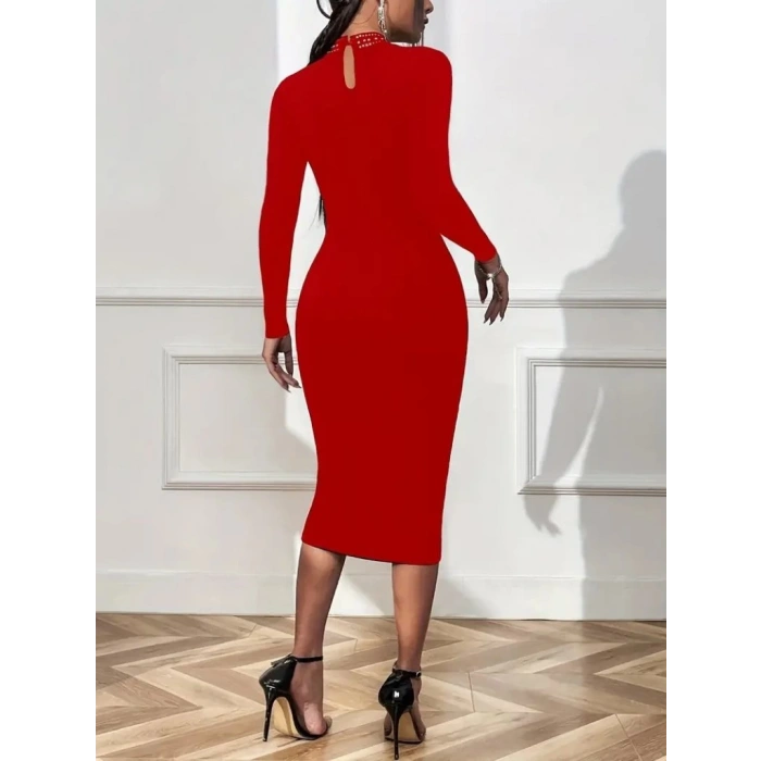 Kadın Uzun Kollu Balıkçı Yaka Taşlı Damla Detay Midi Ithal Krep Elbise