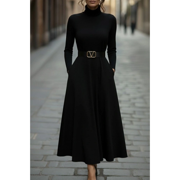 Kadın Uzun Kollu Balıkçı Yaka Uzun Akrilik Elbise