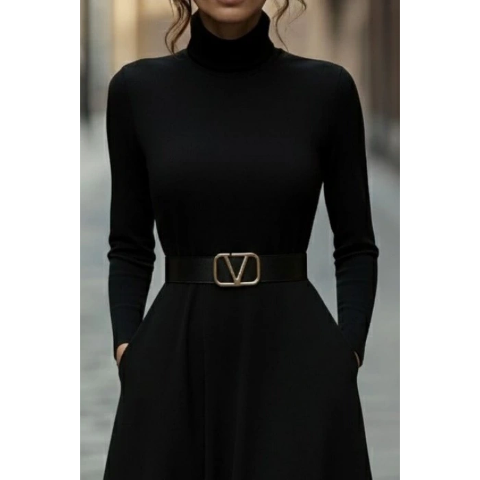 Kadın Uzun Kollu Balıkçı Yaka Uzun Akrilik Elbise