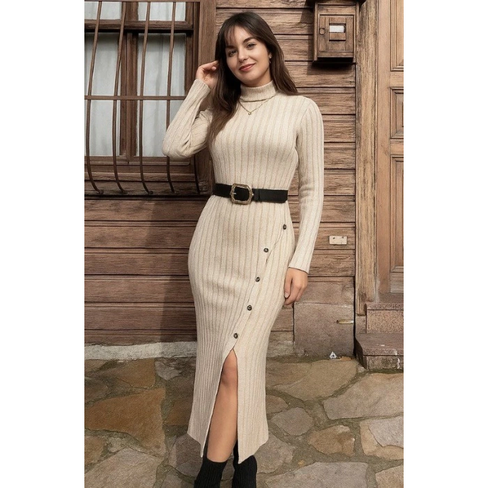 Kadın Uzun Kollu Balıkçı Yaka Yırtmaçlı Düğmeli şardonlu Kaşkorse Elbise