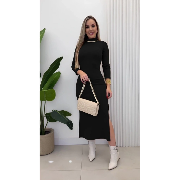 Kadın Uzun Kollu Balıkçı Yakalı Yanlardan Yırtmaçlı Kaşkorse Maxi Elbise