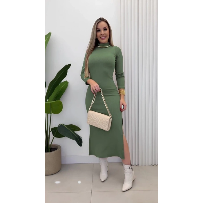 Kadın Uzun Kollu Balıkçı Yakalı Yanlardan Yırtmaçlı Kaşkorse Maxi Elbise