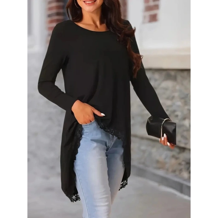 Kadın Uzun Kollu Bisiklet Yaka Asimetrik Kesim Detaylı Dantelli Viskon Bluz