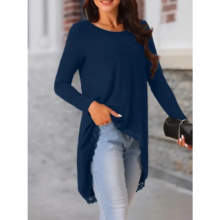 Kadın Uzun Kollu Bisiklet Yaka Asimetrik Kesim Detaylı Dantelli Viskon Bluz