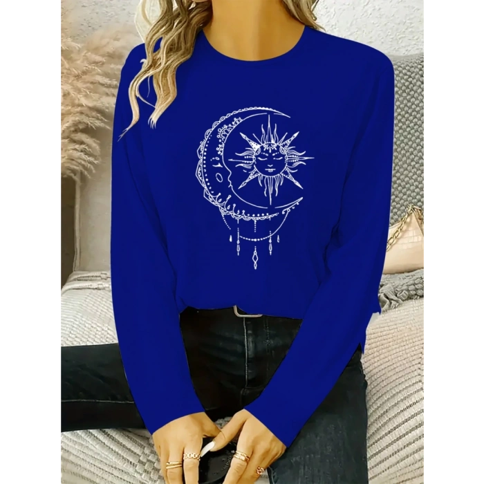 Kadın Uzun Kollu Bisiklet Yaka Ay Baskılı Viskon Bluz