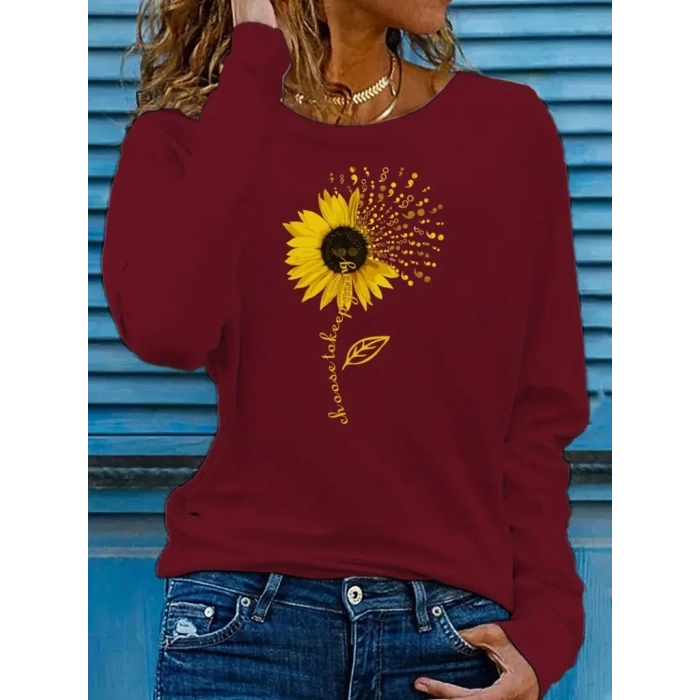 Kadın Uzun Kollu Bisiklet Yaka Ayçiçeği Desenli Viskon Bluz