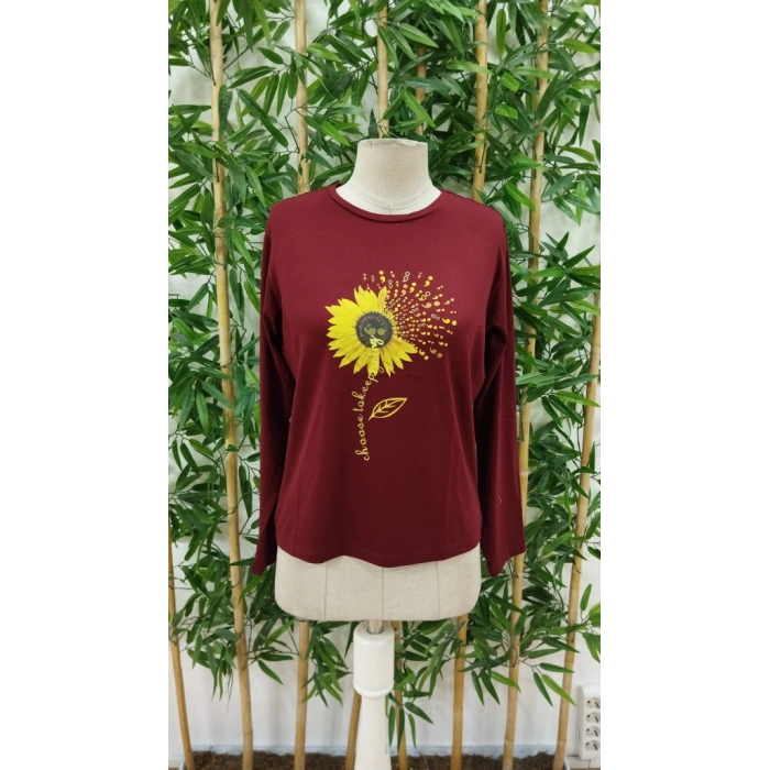 Kadın Uzun Kollu Bisiklet Yaka Ayçiçeği Desenli Viskon Bluz