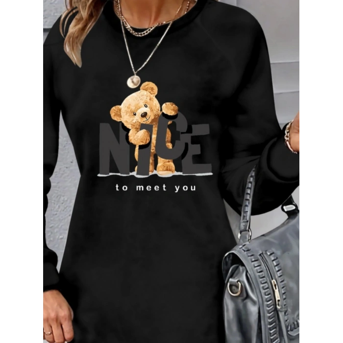 Kadın Uzun Kollu Bisiklet Yaka Ayı Desenli Viskon Iki Iplik Elbise