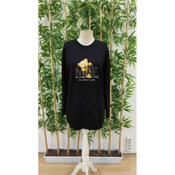 Kadın Uzun Kollu Bisiklet Yaka Ayı Desenli Viskon Iki Iplik Elbise