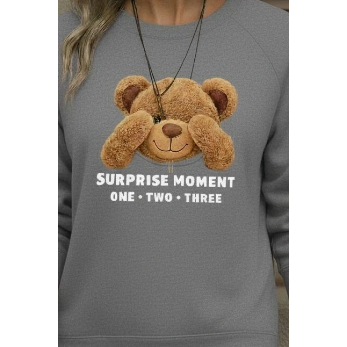 Kadın Uzun Kollu Bisiklet Yaka Ayıcık Desenli Viskon Iki Iplik Bluz