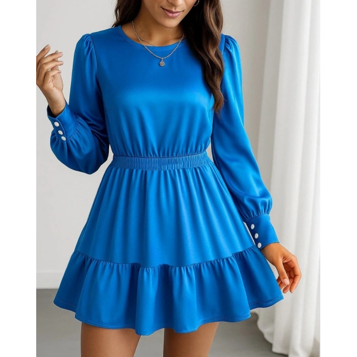 Kadın Uzun Kollu Bisiklet Yaka Beli Lastikli Fırfırlı Ithal Krep Elbise