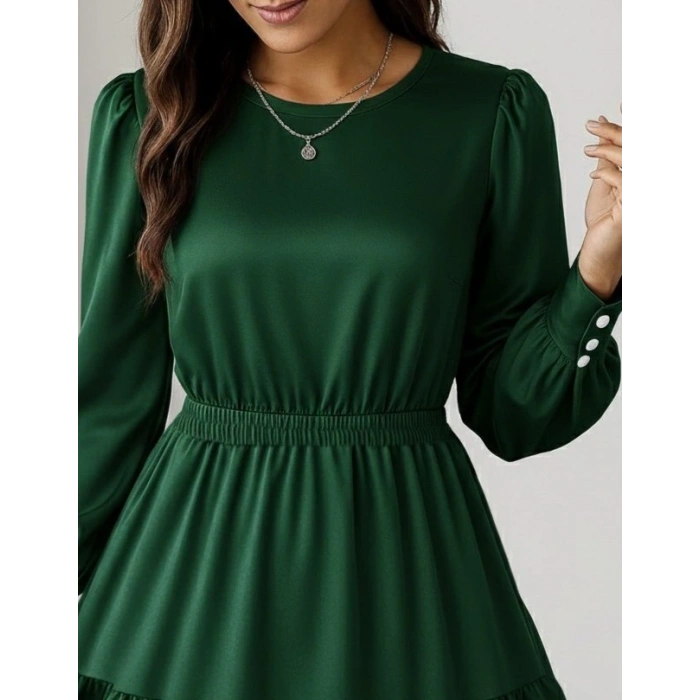 Kadın Uzun Kollu Bisiklet Yaka Beli Lastikli Fırfırlı Ithal Krep Elbise