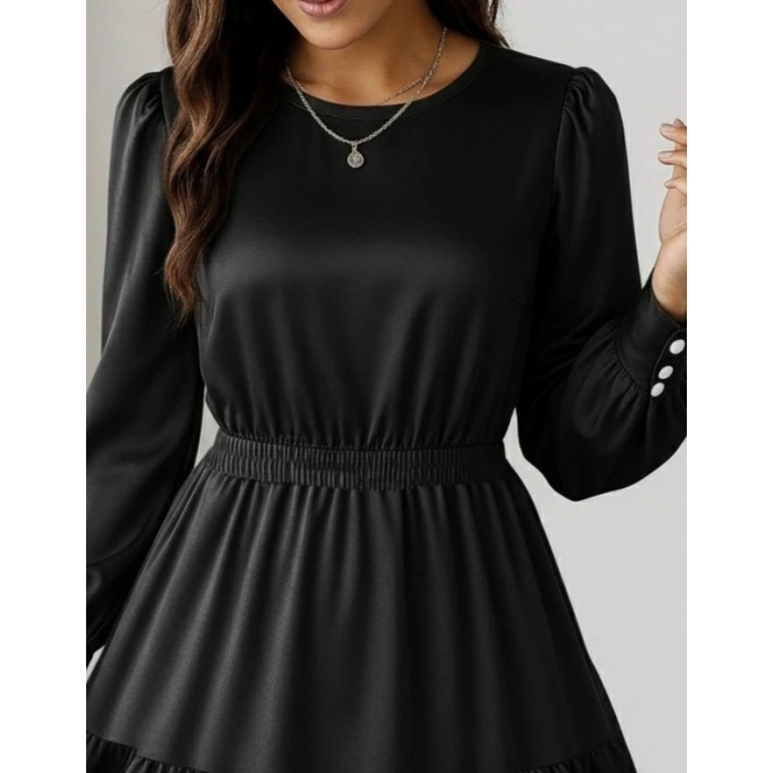 Kadın Uzun Kollu Bisiklet Yaka Beli Lastikli Fırfırlı Ithal Krep Elbise