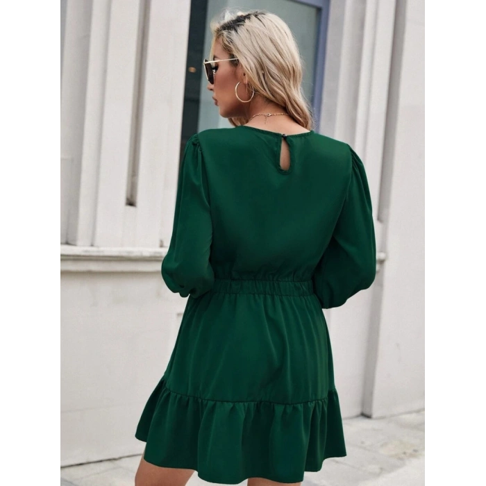 Kadın Uzun Kollu Bisiklet Yaka Beli Lastikli Fırfırlı Ithal Krep Elbise