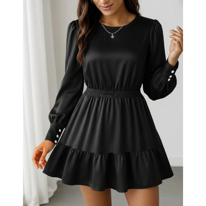 Kadın Uzun Kollu Bisiklet Yaka Beli Lastikli Fırfırlı Ithal Krep Elbise