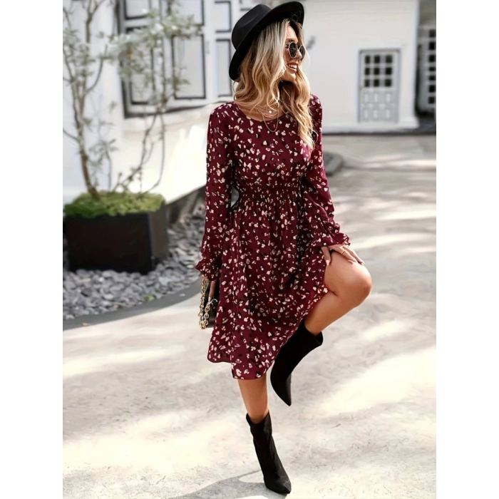 Kadın Uzun Kollu Bisiklet Yaka Beli Lastikli Midi Süprem Elbise