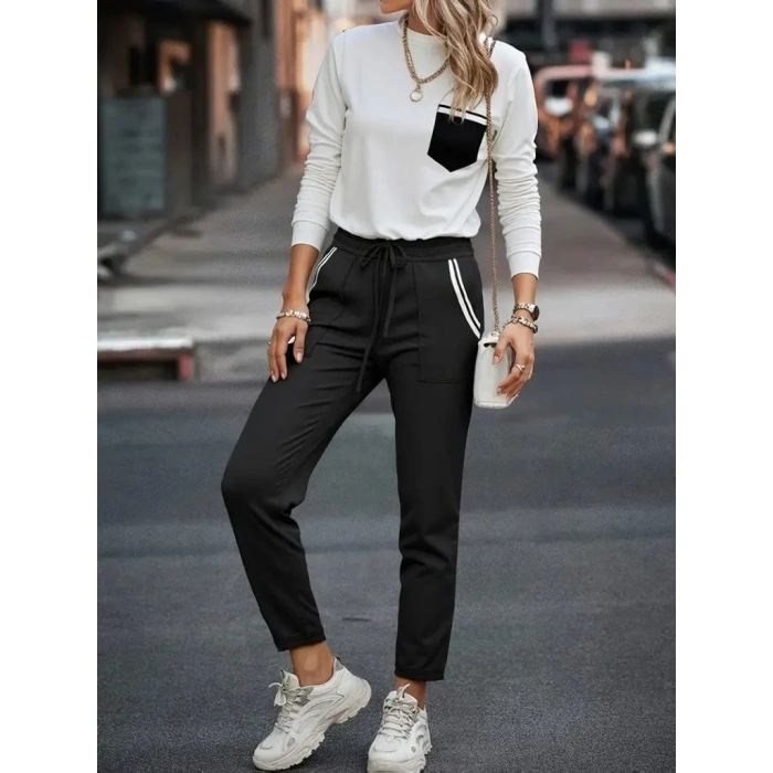 Kadın Uzun Kollu Bisiklet Yaka Cepli Viskon Iki Iplik Bluz Ve Pantolon Ikili Takım