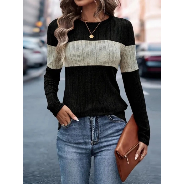 Kadın Uzun Kollu Bisiklet Yaka çift Renkli Triko Bluz