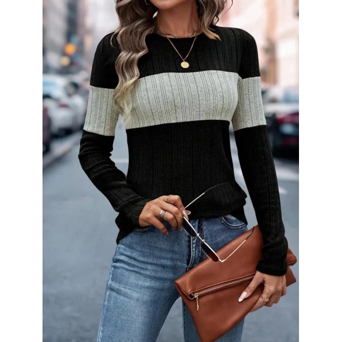 Kadın Uzun Kollu Bisiklet Yaka çift Renkli Triko Bluz