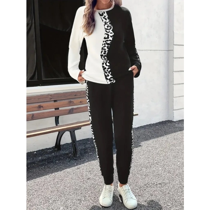 Kadın Uzun Kollu Bisiklet Yaka çift Renkli Viskon Iki Iplik Bluz Ve Pantolon Ikili Takım