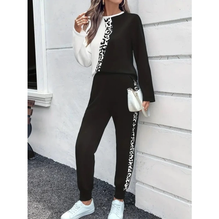 Kadın Uzun Kollu Bisiklet Yaka çift Renkli Viskon Iki Iplik Bluz Ve Pantolon Ikili Takım