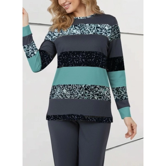 Kadın Uzun Kollu Bisiklet Yaka çizgili Desen Iki Iplik Bluz Ve Pantolon Ikili Takım