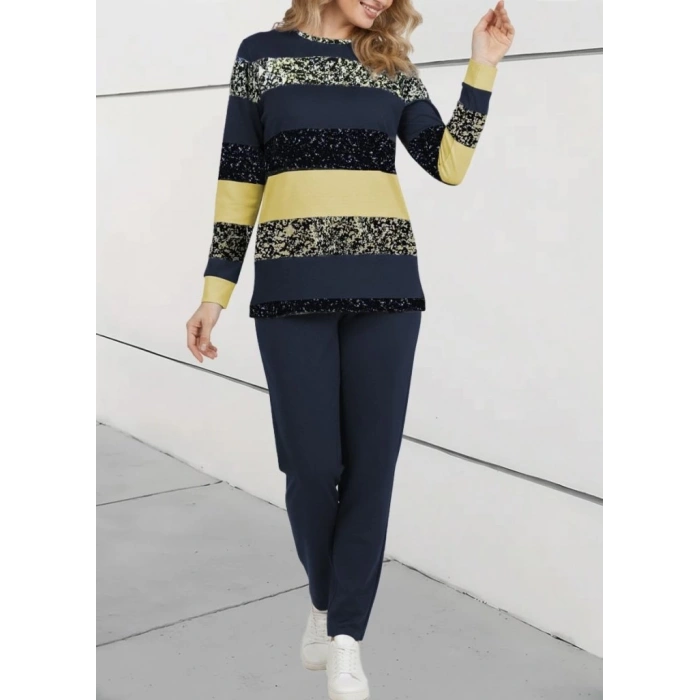 Kadın Uzun Kollu Bisiklet Yaka çizgili Desen Iki Iplik Bluz Ve Pantolon Ikili Takım