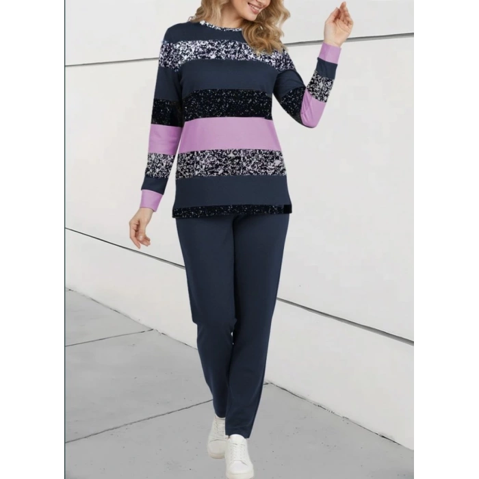 Kadın Uzun Kollu Bisiklet Yaka çizgili Desen Iki Iplik Bluz Ve Pantolon Ikili Takım