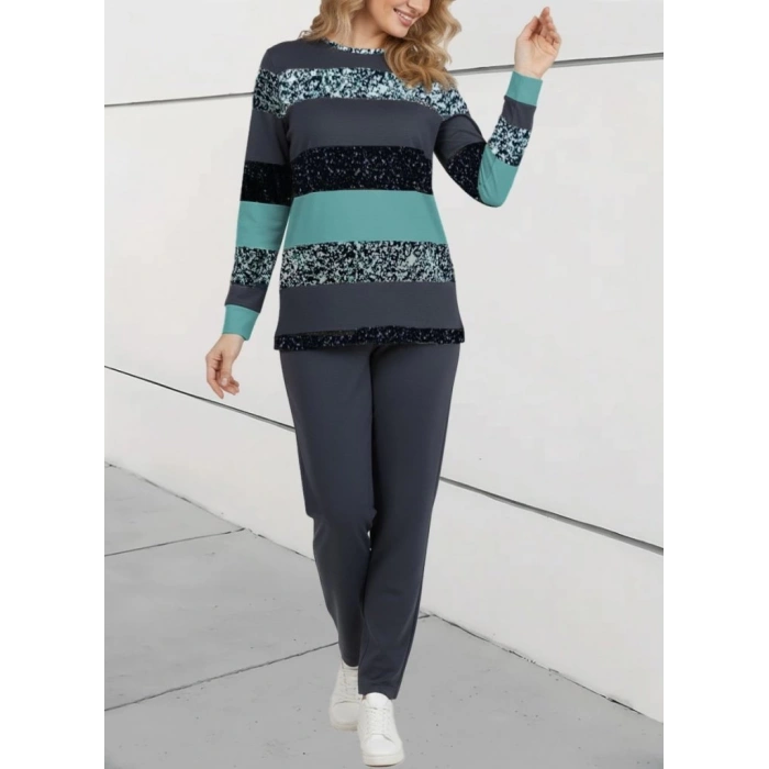 Kadın Uzun Kollu Bisiklet Yaka çizgili Desen Iki Iplik Bluz Ve Pantolon Ikili Takım