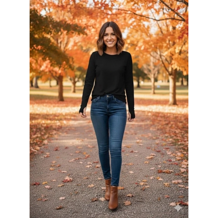 Kadın Uzun Kollu Bisiklet Yaka Dalgıç Kumaş Bluz