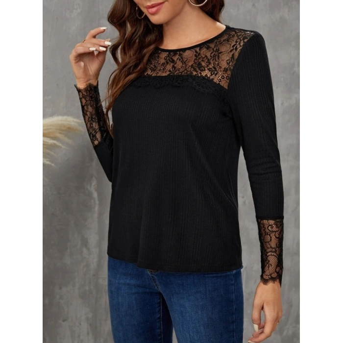 Kadın Uzun Kollu Bisiklet Yaka Dantel Detaylı Burgu Bluz