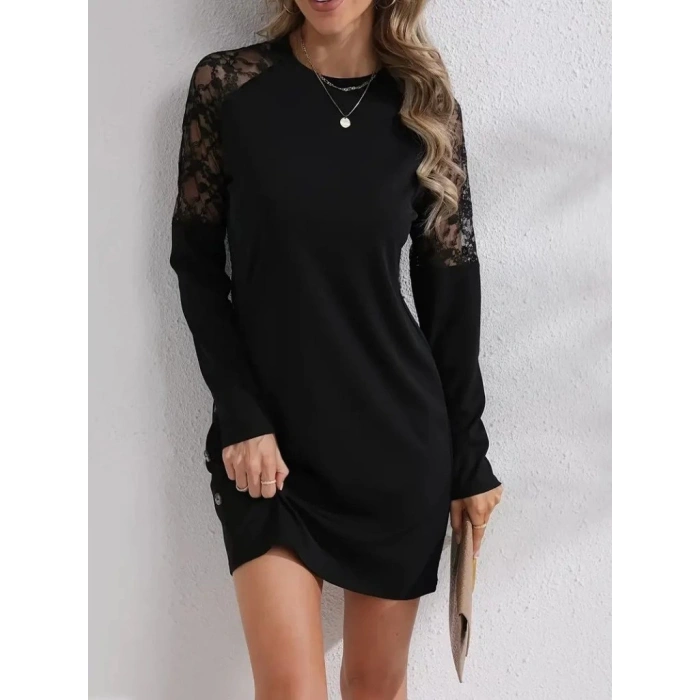 Kadın Uzun Kollu Bisiklet Yaka Dantel Detaylı Visk8n Iki Iplik Düğmeli Mini Elbise