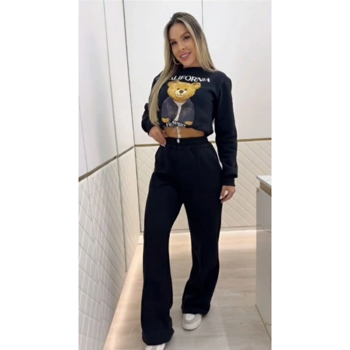 Kadın Uzun Kollu Bisiklet Yaka Desenli Iki Iplik şardonlu Bluz Ve Pantolon Ikili Takım