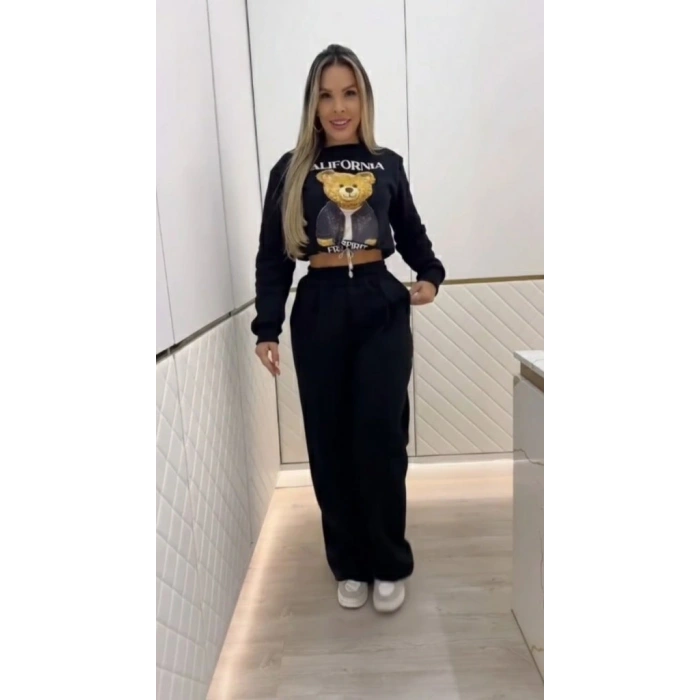 Kadın Uzun Kollu Bisiklet Yaka Desenli Iki Iplik şardonlu Bluz Ve Pantolon Ikili Takım