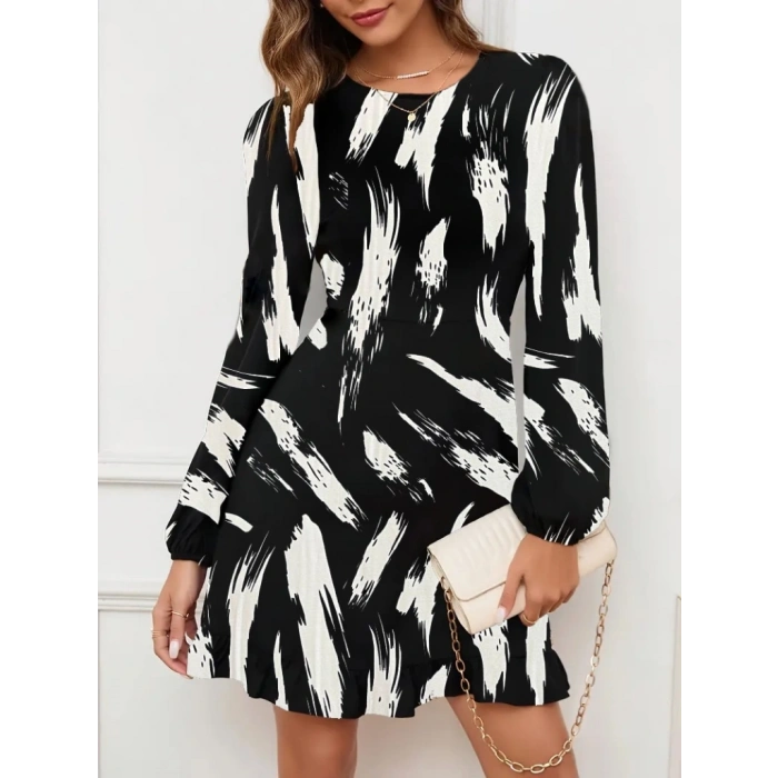 Kadın Uzun Kollu Bisiklet Yaka Desenli Kısa Krep Elbise