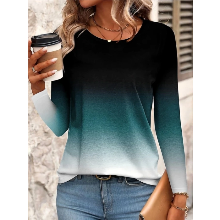 Kadın Uzun Kollu Bisiklet Yaka Desenli Süprem Bluz