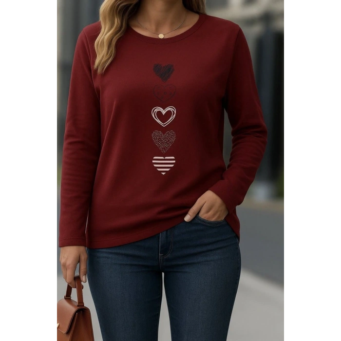 Kadın Uzun Kollu Bisiklet Yaka Desenli Viskon Bluz