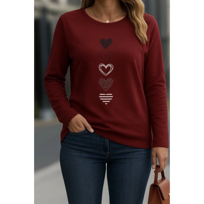 Kadın Uzun Kollu Bisiklet Yaka Desenli Viskon Bluz