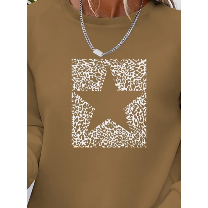 Kadın Uzun Kollu Bisiklet Yaka Desenli Viskon Iki Iplik Bluz