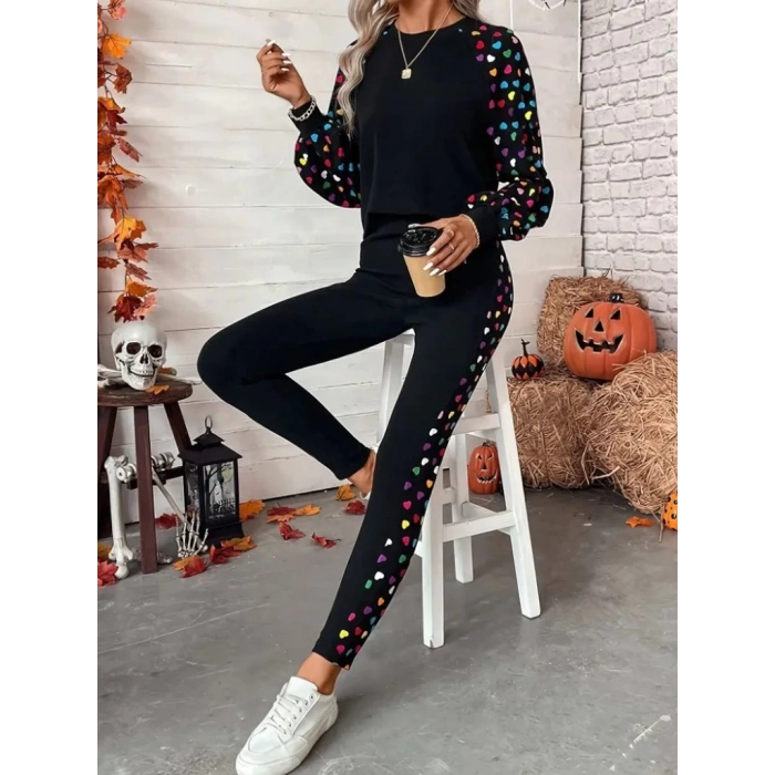 Kadın Uzun Kollu Bisiklet Yaka Desenli Viskon Iki Iplik Bluz Ve Pantolon Ikili Takım
