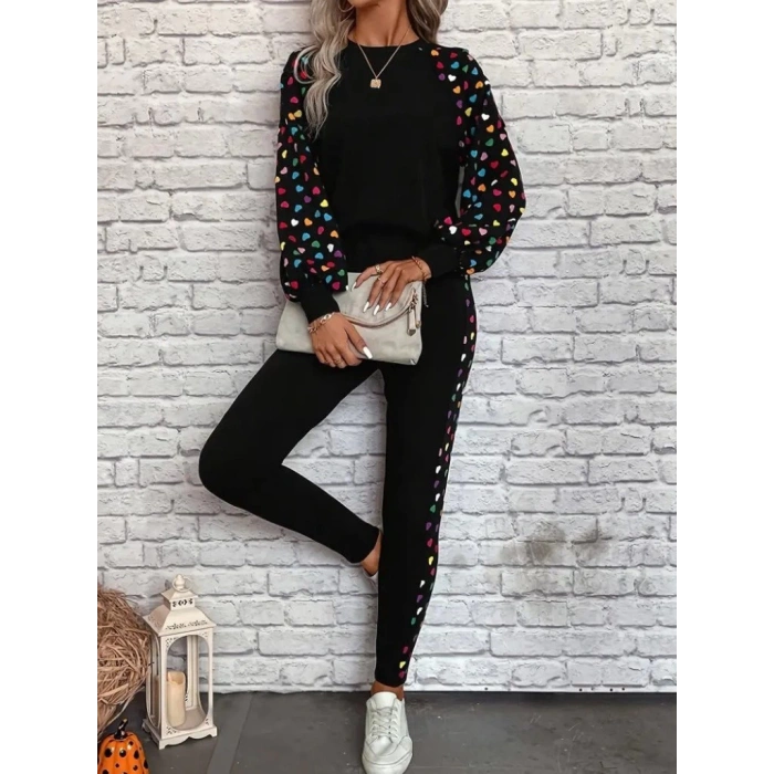 Kadın Uzun Kollu Bisiklet Yaka Desenli Viskon Iki Iplik Bluz Ve Pantolon Ikili Takım
