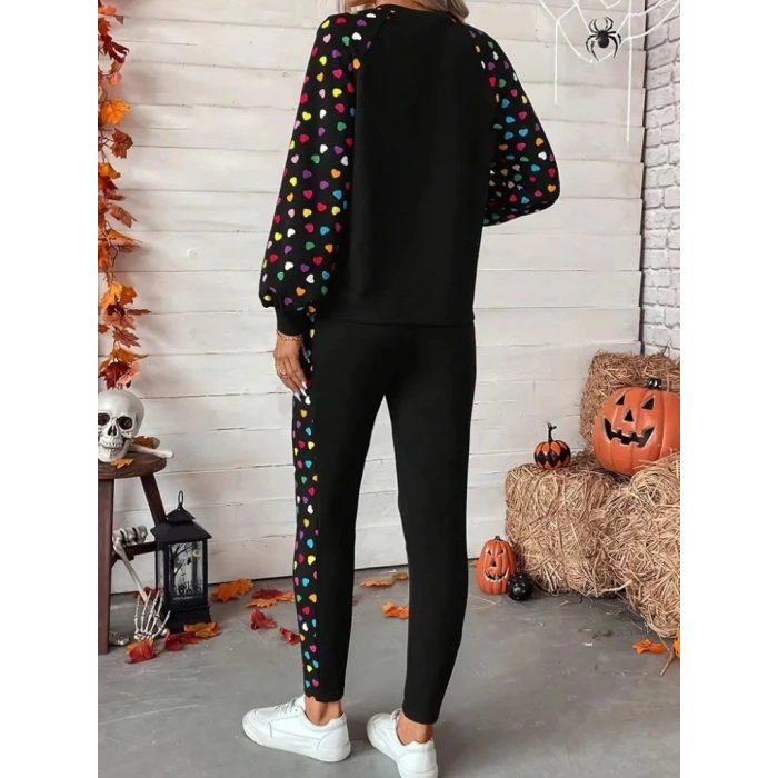 Kadın Uzun Kollu Bisiklet Yaka Desenli Viskon Iki Iplik Bluz Ve Pantolon Ikili Takım